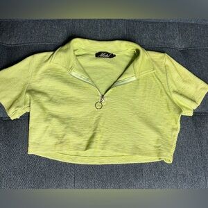 Mesh Lime Green Cropped Zip Polo Top